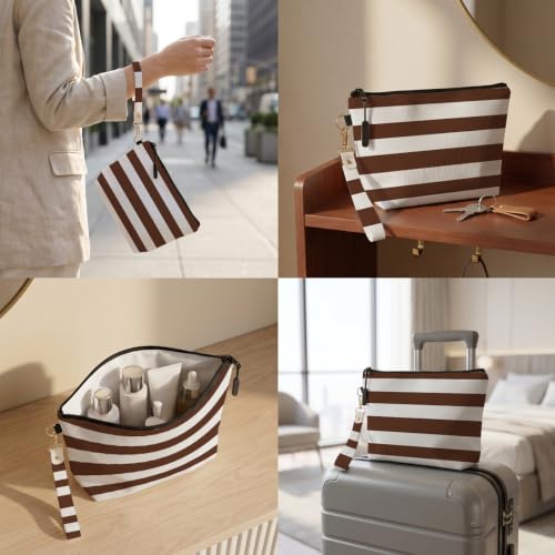 Fokongna Makeup Bag with Keychain Wristlet, Brown Stripes - color: Brown Stripes