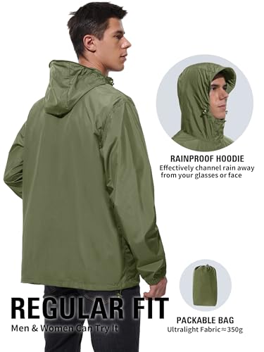 UIQUR Mens Lightweight Packable Waterproof Rain Jacket Windbreaker - color: Army Green, size: X-Large