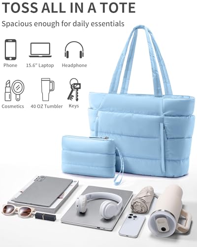 Bagstellar Puffer Tote Bag for Women, Lightweight Puffy Travel Gym Work Bag - color: Denim Blue