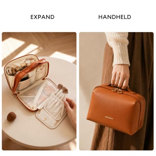 GIVLEFLY Travel Makeup Bag for Women, Organizer with Detachable Brush Case - color: Brown