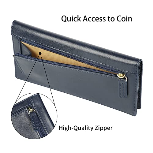 Lavemi Ultra Slim Thin Leather Women Wallet RFID Blocking Credit Card Holder Bifold Long Ladies Billfold - color: 1-waxed Blue