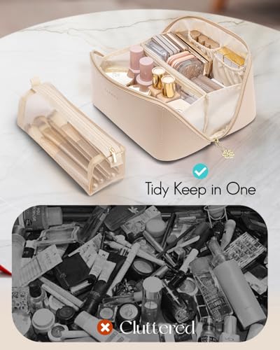 VLANDO Travel Makeup Bag with 180°Opening, Women Toiletry Case,Toffee - color: 01.Toffee