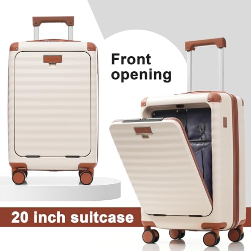 Merax Luggage Sets Front Open, 3 Piece Hardshell Suitcase with Wheels & Bag - color: White and Brown(20 open)