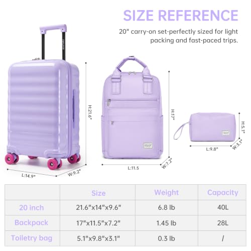 Carry On Luggage Set 3 Piece, Carry-on Suitcase With Wheels - color: BT-Glossy Lavender