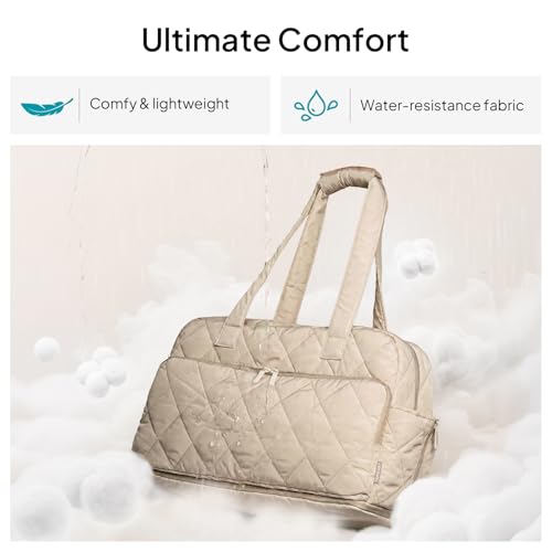 TOPEAST Duffel Bag for Women Travel, Expandable Quilted Duffle Weekender Overnight Bag with Adjustable Strap, Lightweight 33L Personal Item Bag Carry On for Gym Hospital - color: Camel