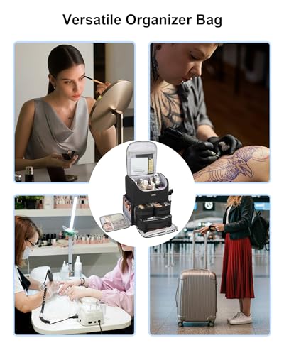 Relavel Makeup Backpack Large Bag with 5 Clear Set Bags, Dual Layer Professional Cosmetic Organizer Travel Train Case Makeup Artist Kit with Adjustable Dividers & Easy to Clean Lining, Black - color: Black (5 clear bags), size: Large