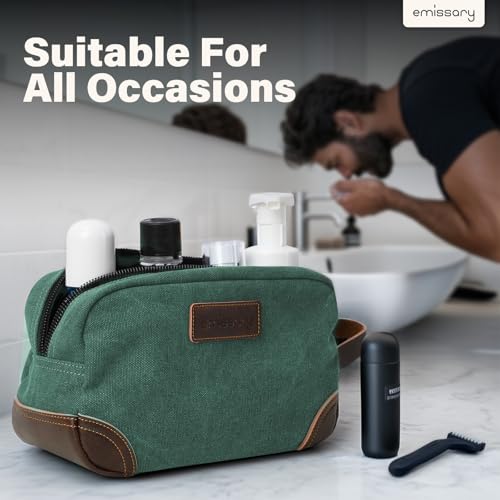 emissary Men's Canvas Travel Toiletry Bag, Leather Dopp Kit - Green - color: Green