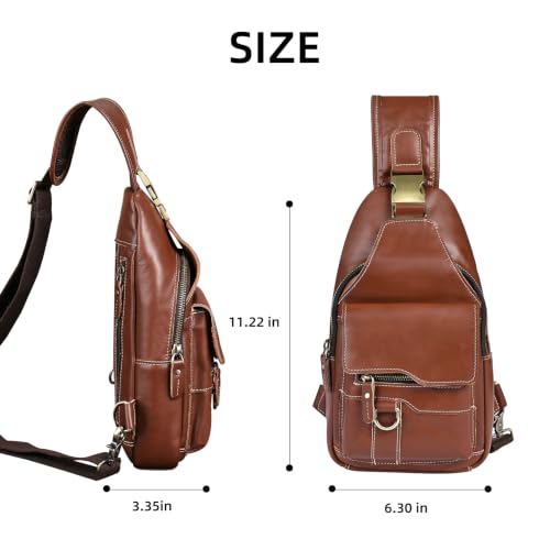 Genuine Leather Hiking Travel DayPack Sling Crossbody Triangle Chest Pack Bag For Men Women 8241 (E-Brown) - color: E-Brown