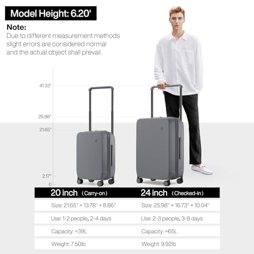mixi Carry On Luggage Airline Approved Wide Handle Lightweight Luggage PC Hard Shell Suitcases Rolling Suitcases with Spinner Wheels & TSA Lock, 20 Inch Rock Gray - color: Rock Gray, size: 20-inch