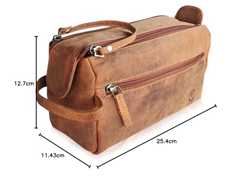 Leather Toiletry Bag – Stylish & Durable Dopp Kit with Water Resistant Lining – Travel Shaving Kit Organizer for Bathroom & Overnight Trips - Great Gift for Men & Women - color: Brown
