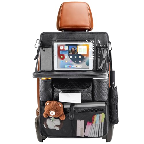 Car Backseat Storage Organizer, 11 PU Leather Pockets & Foldable Table Try