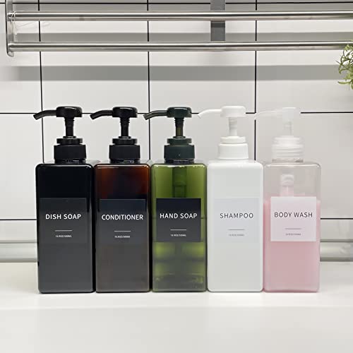 Green Soap Dispenser with Waterproof Labels, Thickened Plastic Hand Soap Dispenser for Bathroom, Kitchen Dish Washing Liquid Bottles, Shampoo and Conditioner Bottles with Funnel (16oz 2Pack Green) - color: 2 Green