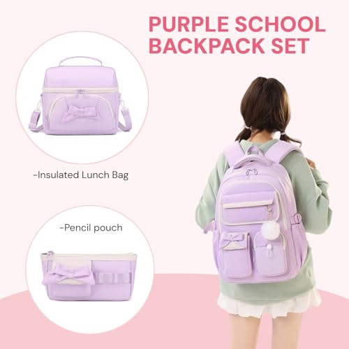 Girls School Backpack with Lunch Box Pencil Case Set, 3pcs Purple - color: 3pcs Purple