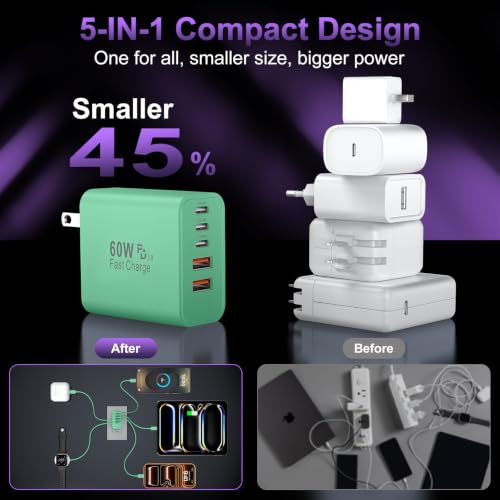 USB C 고속 벽 충전기 블록, 60W USBC 충전 큐브 2팩, 5포트 PD+QC 전원 어댑터 멀티포트 브릭 타입 C 박스 플러그 휴대폰 17/16/15/14/13/12/11/프로 맥스/플러스, 패드 미니/프로/S25/S24-그린 - color: 초록색.