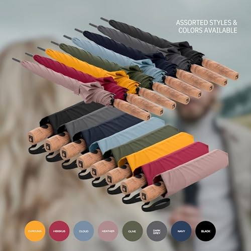 Knirps TIMBER Manual Umbrella - Compact Folding Rain Protection with German Beechwood Handle, Wind Tunnel Tested Frame, Portable Travel Design - color: Navy