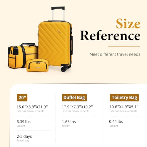 3 piece Carry on luggage 22x14x9 airline approved,Yellow | Lightweight ABS Hardside Luggage, TSA-Approved combination Lock, Suitcases with Spinner Removable Wheels (20"/DB/TB) - color: MangoYellow