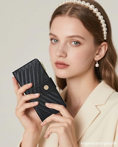 Black Women's Trifold Wallet,Large Capacity RFID Long Wallet - color: Black, size: Trifold