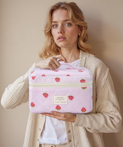 HBselect Quilted Makeup Bag, 3Pcs Cotton Large Travel Makeup Bags Organizer - color: A-3PCS-Floral 47
