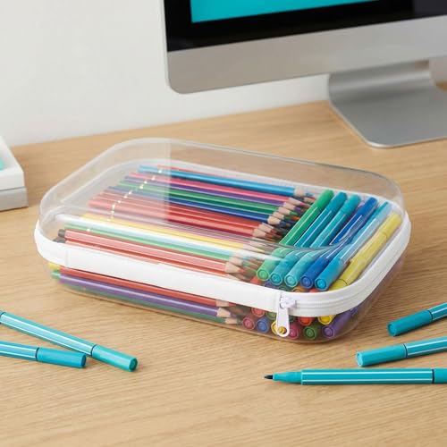 Clear Hard Shell Travel Case with Zipper, Portable Plastic Organizing Pouch, Black Trim, Transparent Storage Container (White) - color: White