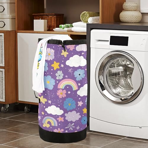 Cute Purple Rainbows Stars Flowers Laundry Backpack Bag with Adjustable Shoulder Straps Handle Dirty Laundry Hamper Bag for Traveling Camp College Dorm Heavy Duty Waterproof Large Capacity - color: Cute Purple Rainbows Stars Flowers