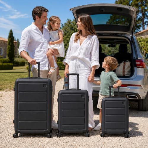 3-Piece ABS Hardshell Luggage Set, Lightweight Durable Suitcases with 4 Silent Spinner Wheels & Combination Lock, 20"/24"/28", Black - color: Black+Panel Embossed