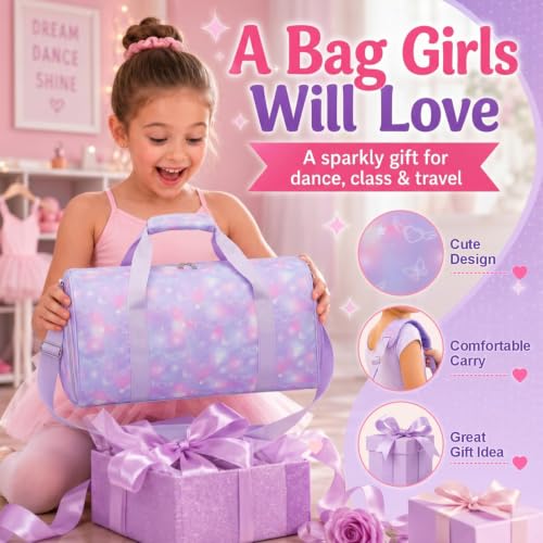 Bagseri Dance Bag for Girls - Kids Duffle Travel Bag with Shoe Compartment | Dry Wet Pockets, Ballet, Gymnastics, Sleepover and Weekend Tote Bag with Adjustable Strap, Purple Gradient Heart - color: G8-Purple Gradient Heart, size: Medium - 17.3 x 9 x 9.7