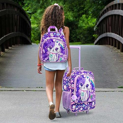 UFNDC Kids Luggage, Girls Suitcase Rolling with Wheels, Travel Carry on for Children Toddler Elementary - color: Cat Purple 2PCS