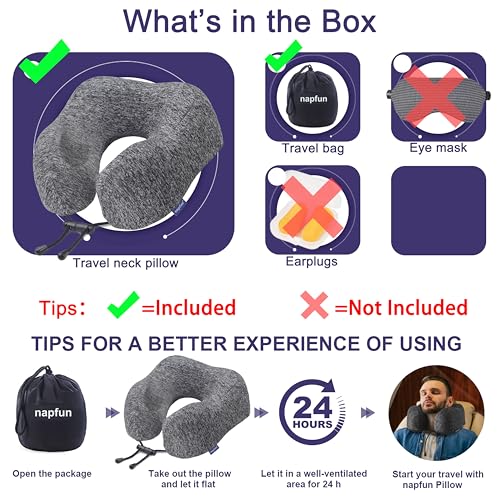 napfun Neck Pillow for Travel, Memory Foam Airplane Pillow, Full Grey - color: Gray