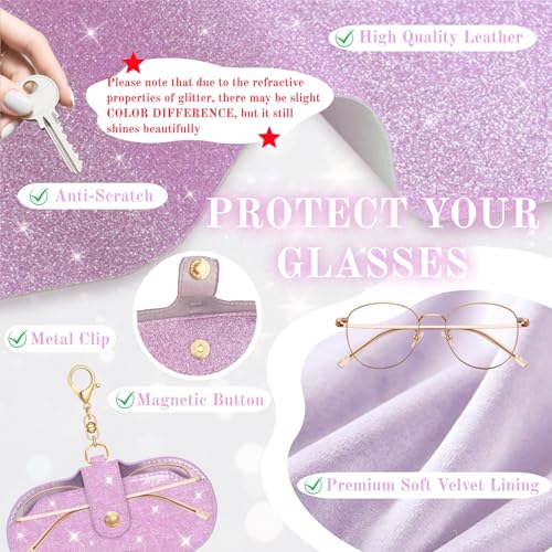 Glitter Glasses Case with Lanyard Soft Leather Sunglasses Bag with Hook - color: Purple