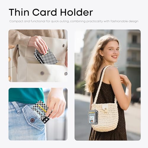 Black and White Checkered Credit Card Holder Small Wallet for Women - color: Checkered Pattern Black and White