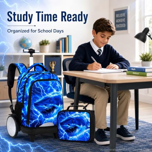 20 Inches Large Wheels Rolling Backpack for Boys with Detachable, 3Pcs Kids Lightning Shark Wheeled Backpack Set for Elementary School (Blue) - color: Lightning Shark (Large Wheels)