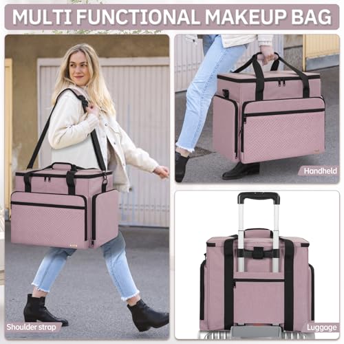 Extra Large Makeup Bag with 3 Removable Pouches and 1 Brush Holder - color: Pink