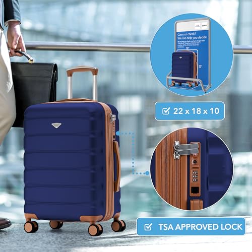 Flight Knight 22x18x10 Expandable Carry On Suitcase Hardside TSA Lock & USB C Port Lightweight Luggage Silent Double Spinner Wheels Maximum Spirit Overhead Carry-On Bag Airlines Approved Black/Tan - color: Navy/Tan, size: 22x18x10"