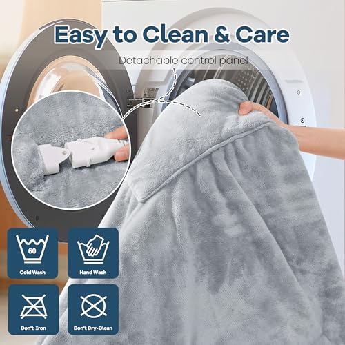 MAXEVE Heated Wearable Blanket with Foot Pocket & Sleeves Electric Snuggle - color: Light Grey, size: Long