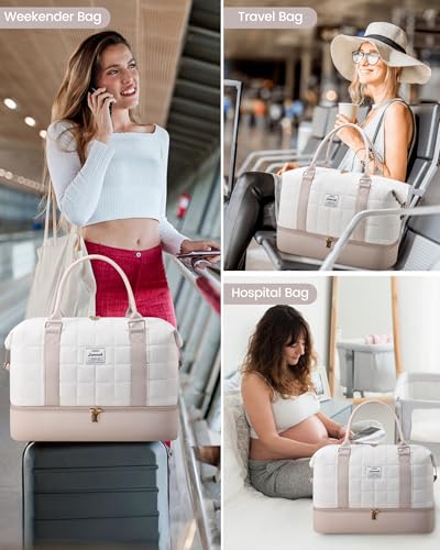 LOVEVOOK Weekender Bags for Women with Shoe Compartment, Carry On Overnight Bag with Toiletry Bag, Personal item travel bag with Wet Pocket, 2Pcs Set - color: White/Nude, size: Large