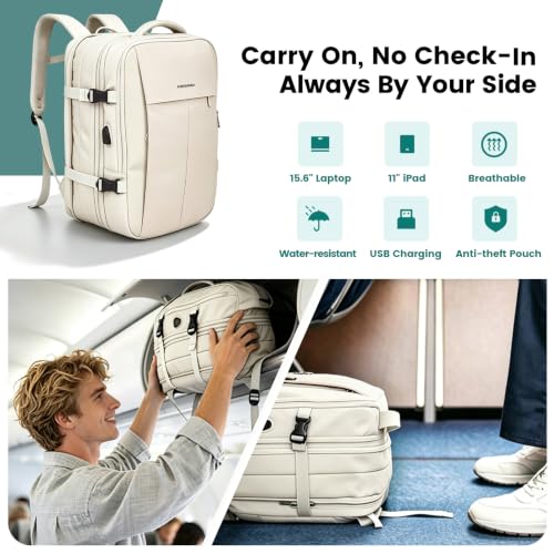 Expandable 42L Travel Carry-On Backpack with USB Port, Beige