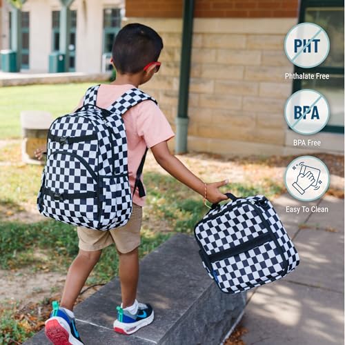 Wildkin Wet Bag Set & 15-Inch Eco Backpack Bundle for Kids – Leakproof Waterproof Wet/Dry Bags & Lightweight Sustainable for School & Travel - Black and White Checkered