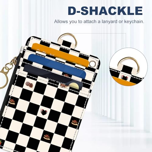 Slim Wallet Credit Card Holder, Checkered Pattern And Cake, RFID Wallet Women Cute Small Front Pocket Wallet With Zipper, PU Leather Thin travel RFID Blocking Card Case ID Window ,Ladies Gifts - color: Checkered Pattern And Cake