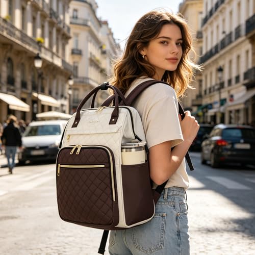EMPSIGN 17 Inch Laptop Backpack for Women, Beige-Coffee - color: Beige/Coffee