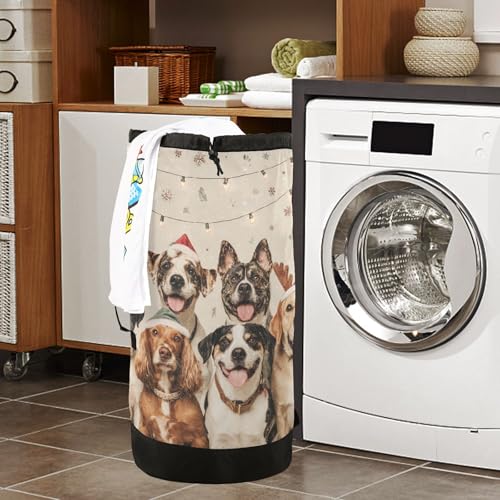 Christmas Dogs Beige Laundry Backpack Bag with Adjustable Shoulder Straps Handle Dirty Laundry Hamper Bag for Traveling Camp College Dorm Heavy Duty Waterproof Large Capacity - color: Christmas Dogs Beige