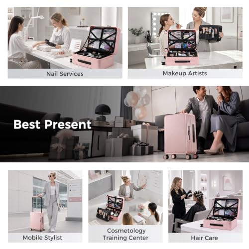 Hododou Rolling Makeup Case Cosmetology Case on Wheels Makeup Luggage Case - color: Pink