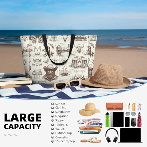 Women's Large Beach Bag Waterproof Travel Tote Bag with Pocket Sandproof Foldable Weekender Bags for Pool Vacation - color: Cowboy Beige