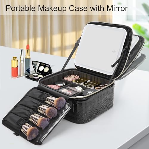 Relavel Makeup Train Case With LED Mirror, Removable Partitions Bag - color: 02-Glossy Black, size: 1-Small