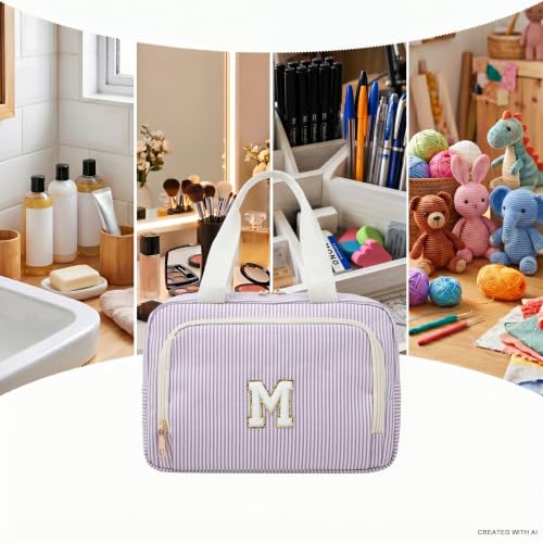 Large Initial Makeup Bag with Compartments,Striped Seersucker Toiletry Organizer with Handle, Personalized Monogram Cosmetic Bag for Skincare,Travel & Daily Storage - Purple M - color: Purple