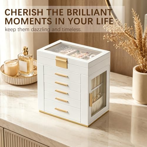 Homeanda Jewelry Boxes with Glass Lid, 6-Layer Large PU Leather, White - color: White, size: 6 Layer
