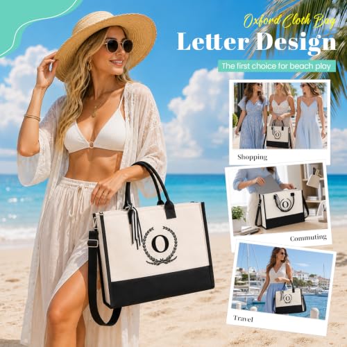 Embroidered Floral Monogram Canvas Tote with Zipper Pockets Gift for Her - color: O