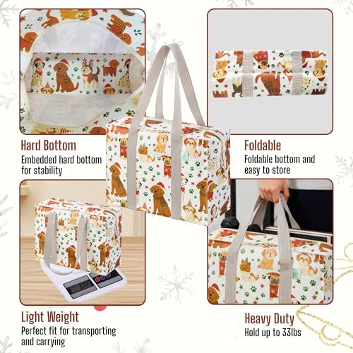 VENO 2 Pack Utility Tote Reusable Grocery Bags with Zipper & Hard Bottom - color: Holiday Pups, size: 2 Pack