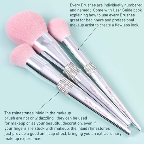 Bueart Design 15Pcs Labeled Makeup Brushes Set with Elegant Pink Holder - color: Silver Pink