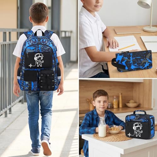 School Backpack for Boys - 3pcs Gamer Boys Backpack with Lunch Box Set for Kids Teens Elementary Middle High School,18″ Large Capacity Students Bookbag with Usb Charging Port - color: Blue-people-set