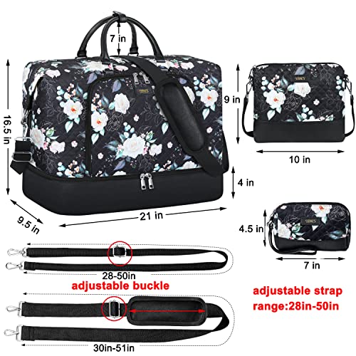 TIBES Travel Weekender Bag for Women, Overnight Bag with Shoe Compartment | 3PCS Large Travel Duffel Bag for Gym, Travel, Hospital, Business Trip, Carry On Tote, Wet & Dry Separation, Water Resistant - color: G-Black Flower 3pcs